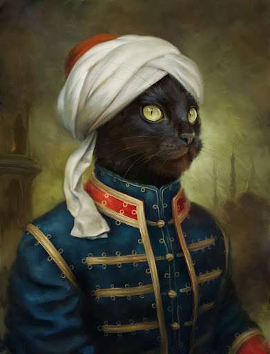 Chat noir coiffé d'un turban blanc, en uniforme bleu galonné